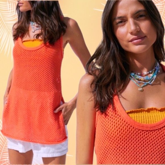 Urban Outfitters | BDG Tybee Mesh Sweater Tank Top Tangerine Orange Swim Cover S - Picture 1 of 13